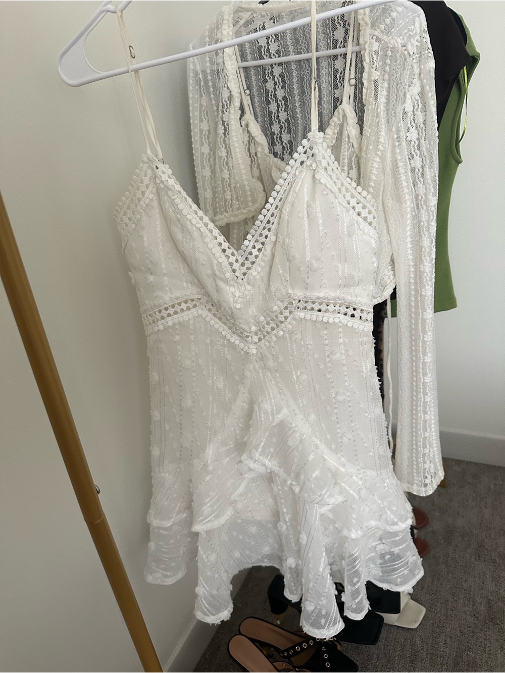White V-Neck Ruffle Layered Mini Dress - Picture 3 of 8